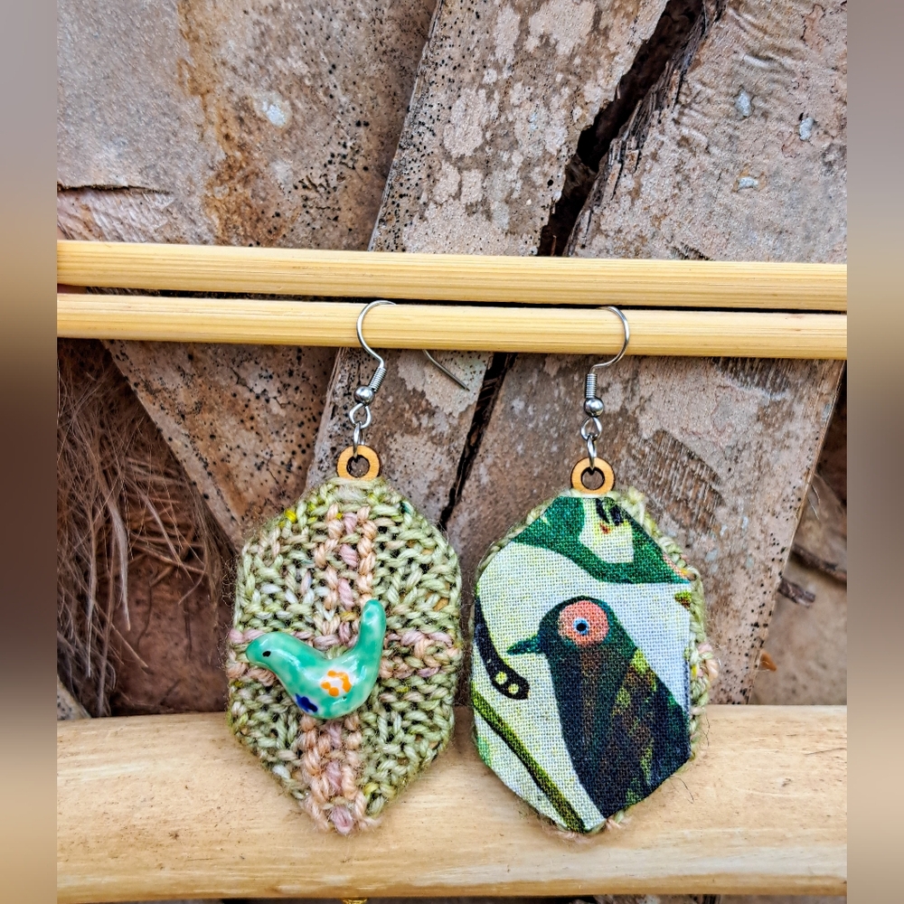 Green Knit Hexagon Earrings with Hand Embroidery Elements and a Bird-Shaped Bead - Picture 16 of 16